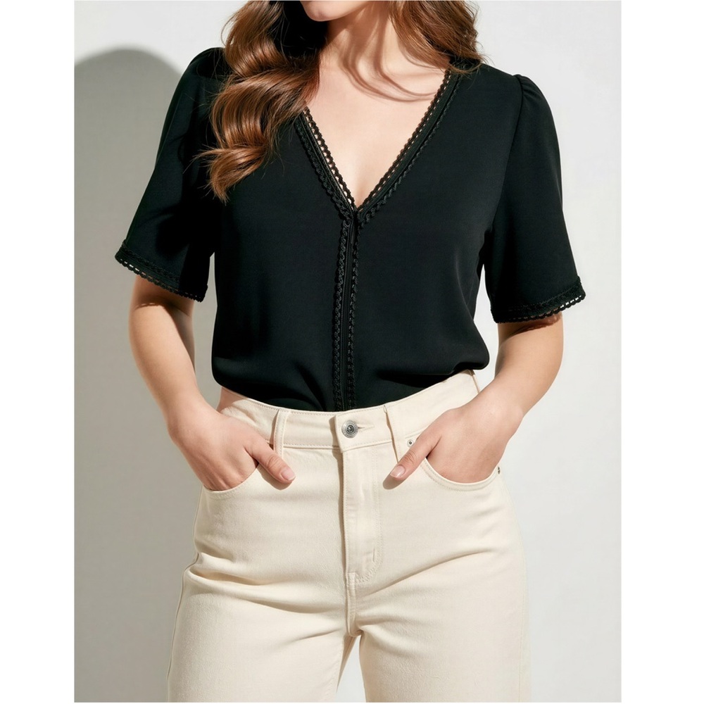 Sezane Black V-Neck Lace-Trim Top
